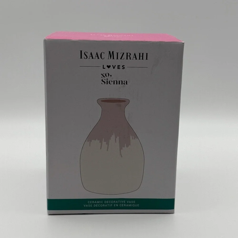 Isaac Mizrahi Loves‎ Xo Sienna Vase Ceramic Pottery Cream Hand Dipped Pink Glaze